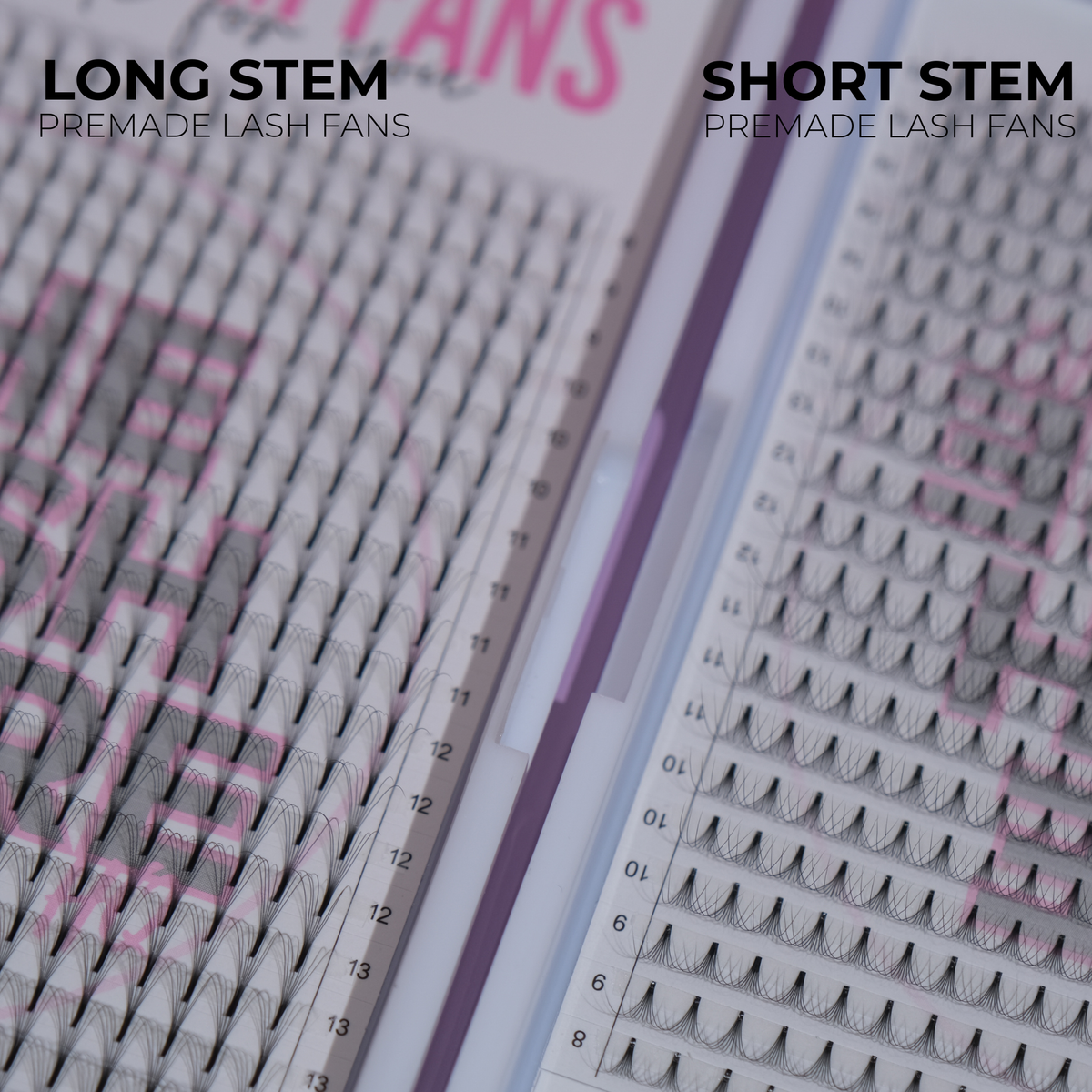 Close-up of lash fan bases highlighting long stem construction