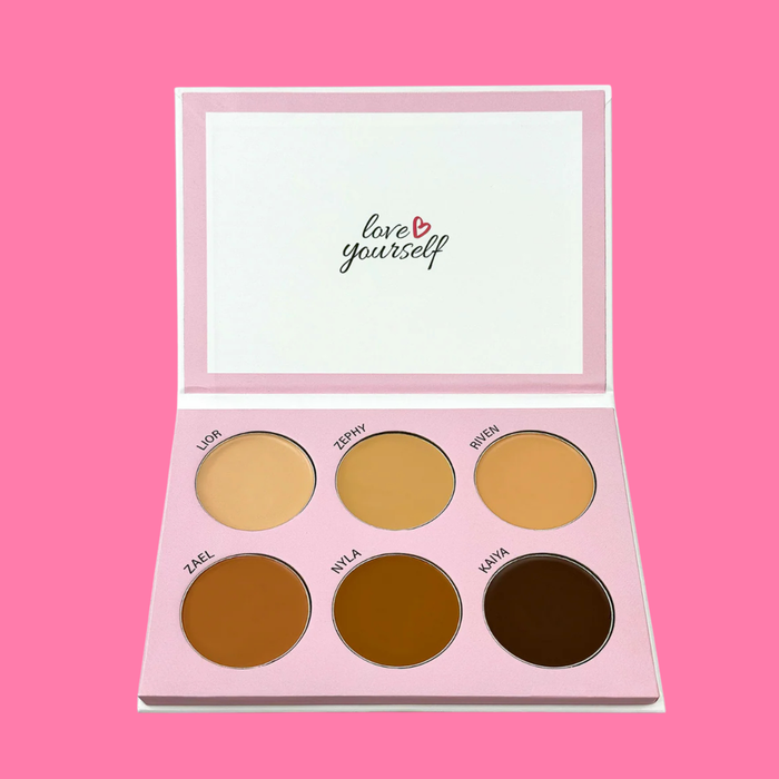 Makeup palette with six circular shades on a pink background