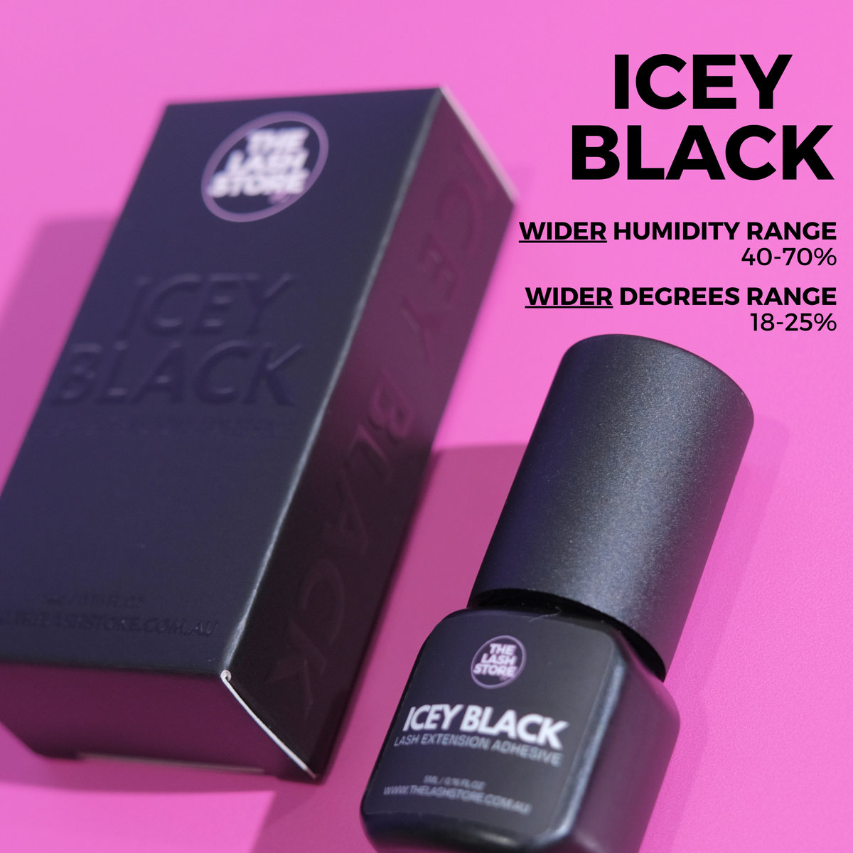 Icey Black lash extension adhesive with packaging on a pink background