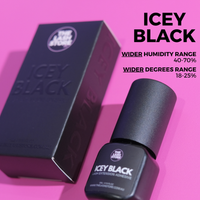 Icey Black lash extension adhesive with packaging on a pink background